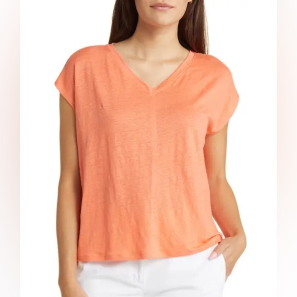 NWT Eileen Fisher V-Neck Organic Linen T-Shirt in Guava